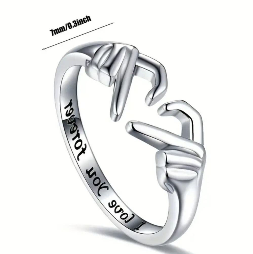 925 Sterling Silver Double Hands Heart Ring Love Hands Open Adjustable Ring